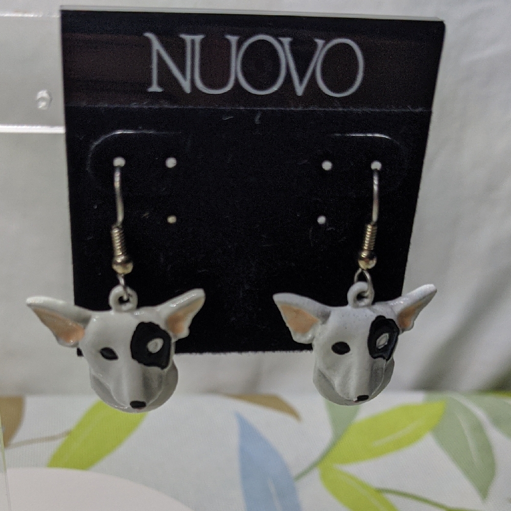 Vintage Spuds Mackenzie-like Bull Terrier French Hook Pierced Earrings, NWT/NOS